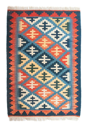 Kelim Carpet - orientalisk matta - 92 x 65 cm - blå