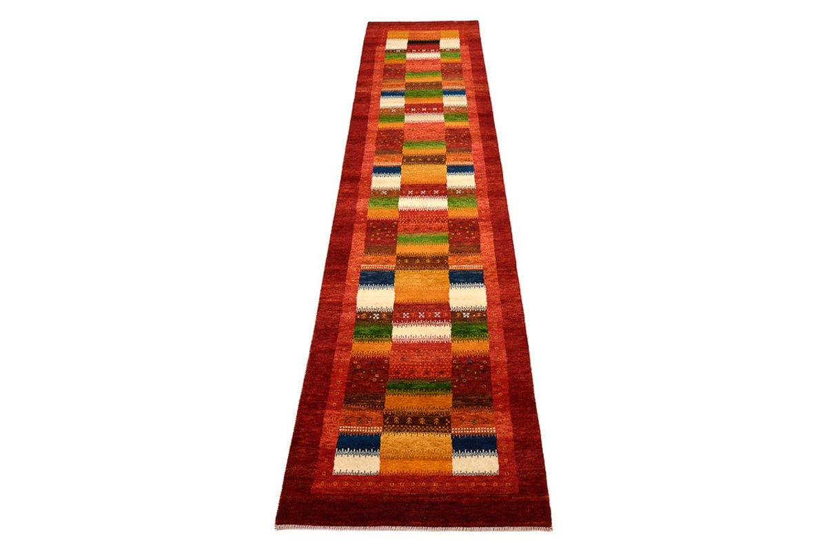 Runner Gabbeh-mattan - Loribaft Indus - 386 x 83 cm - röd