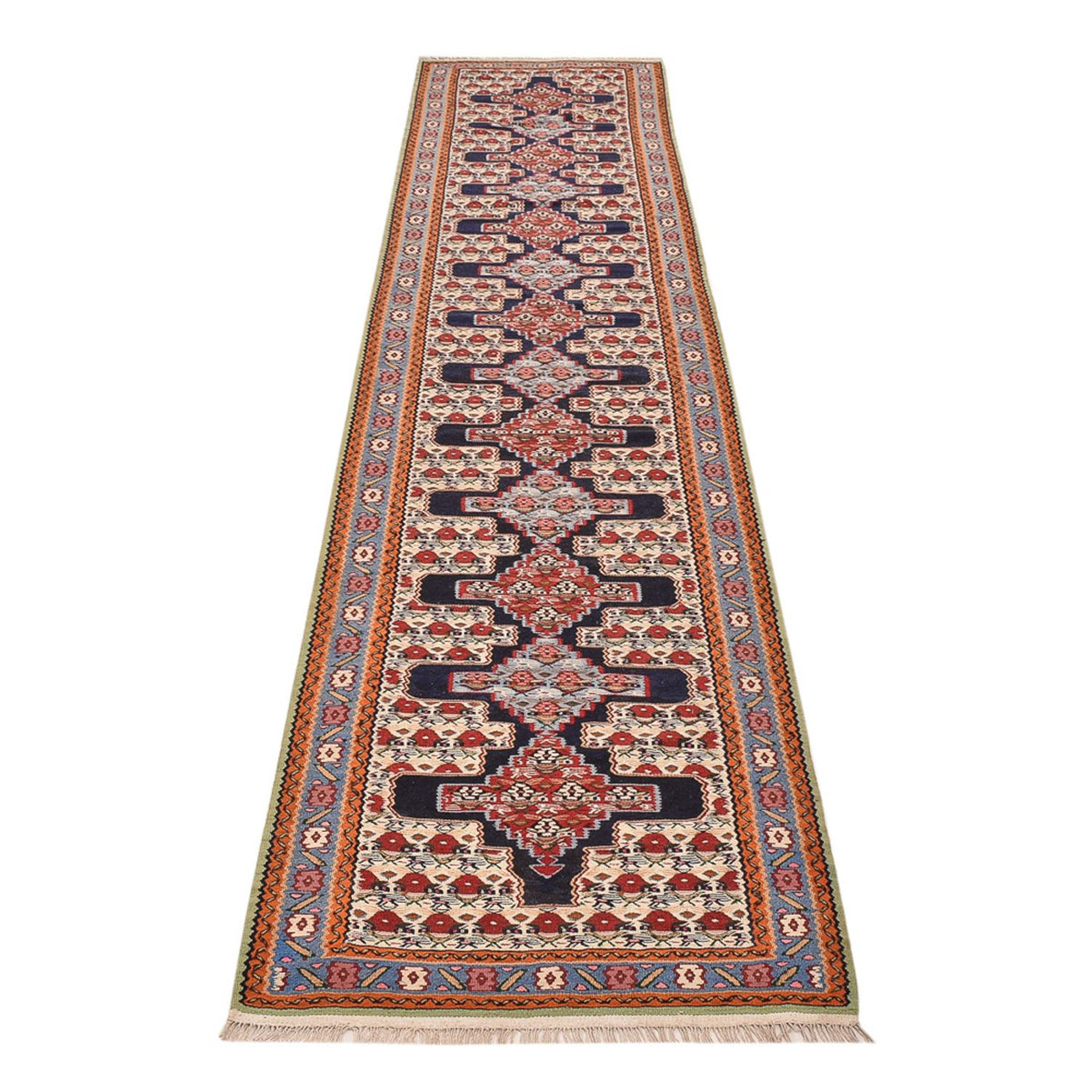 Runner Kelim Carpet - orientalisk matta - 415 x 85 cm - mörkblå