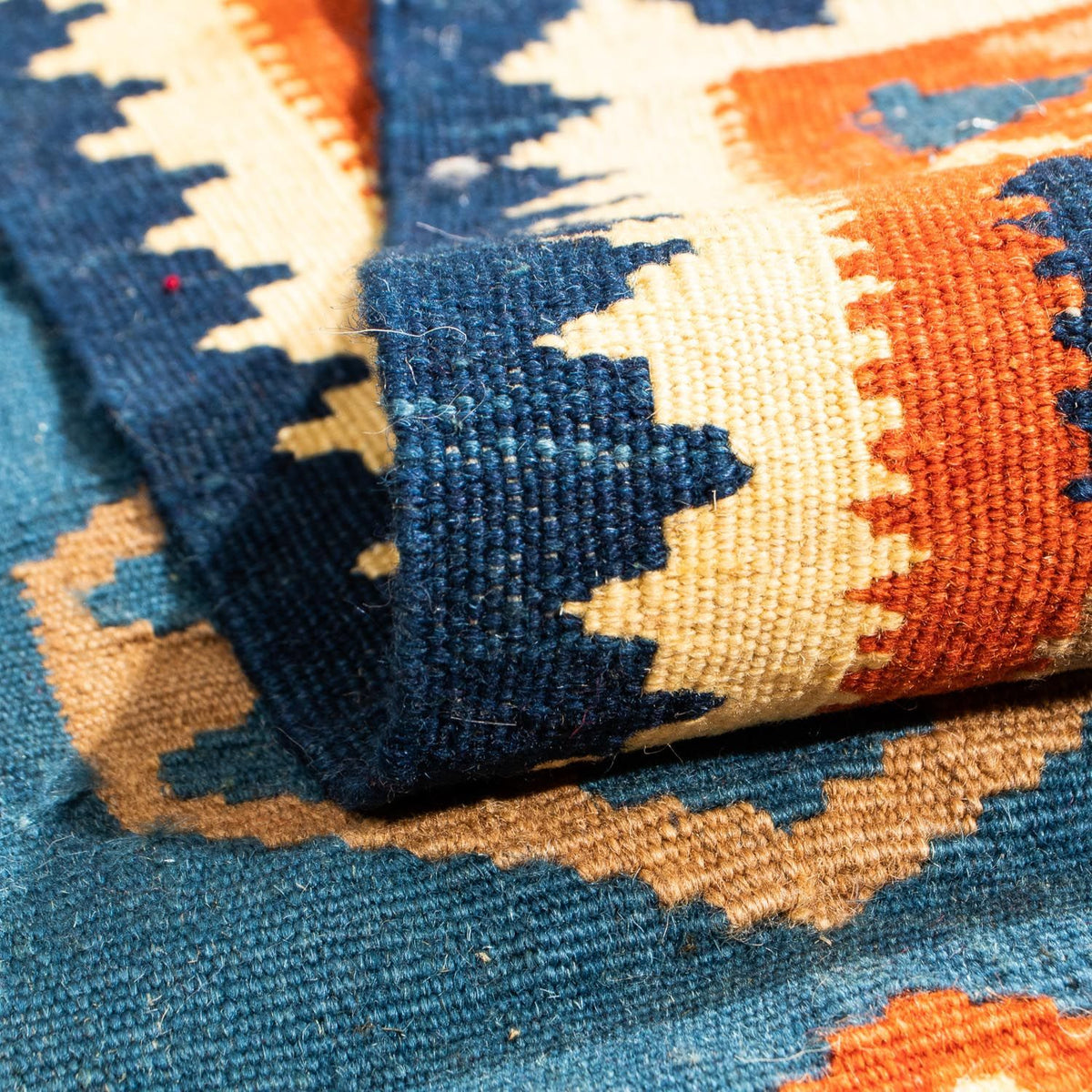 Kelim Carpet - orientalisk matta kvadrat  - 102 x 95 cm - mörkblå