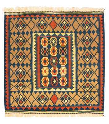 Kelim Carpet - orientalisk matta kvadrat  - 100 x 98 cm - mörkblå