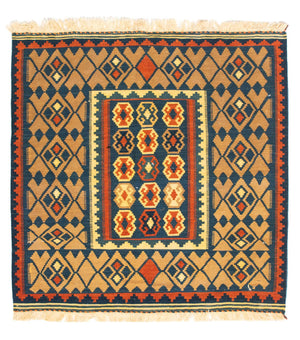 Kelim Carpet - orientalisk matta kvadrat  - 100 x 98 cm - mörkblå