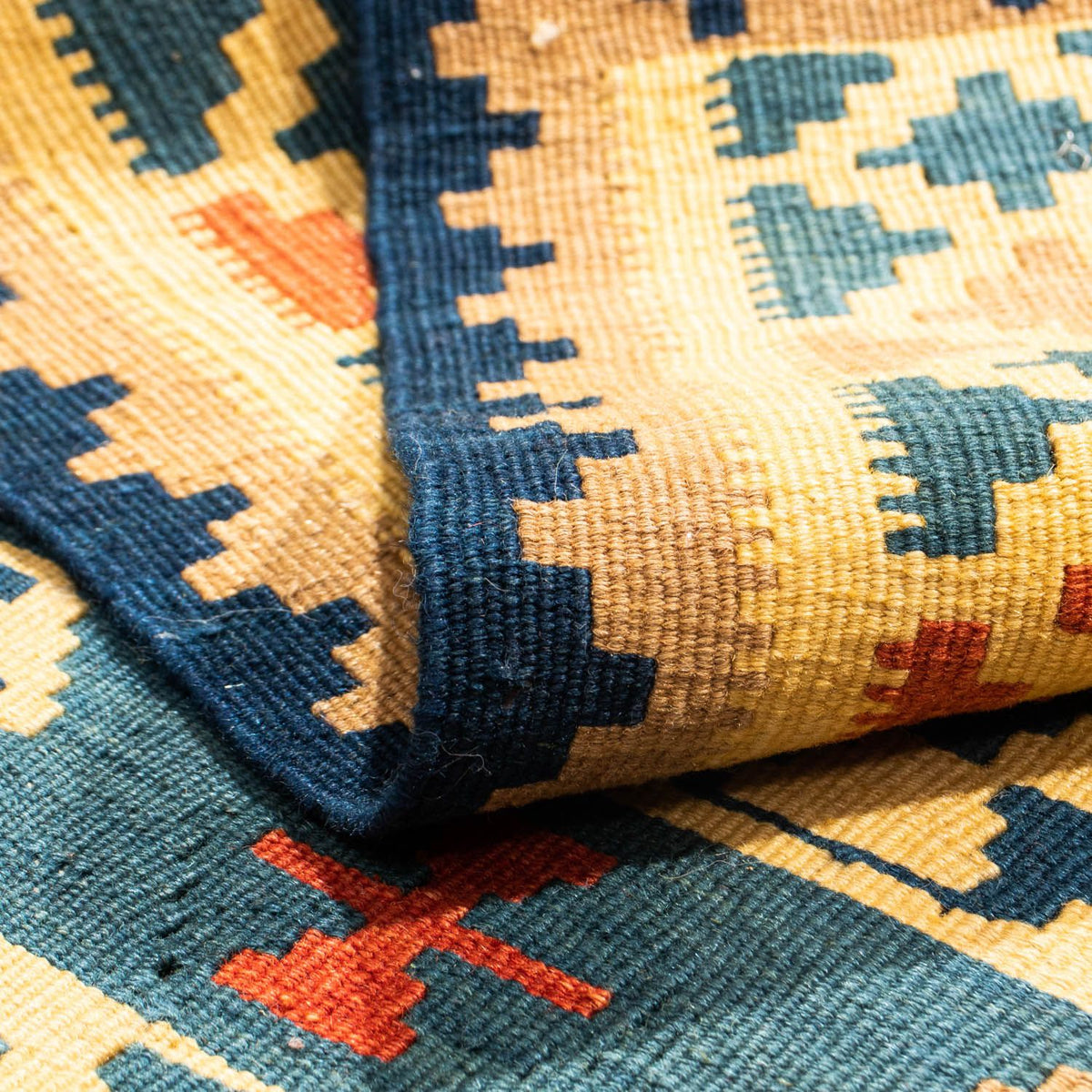 Kelim Carpet - orientalisk matta kvadrat  - 101 x 95 cm - guld