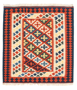 Kelim Carpet - orientalisk matta kvadrat  - 107 x 100 cm - mörkröd