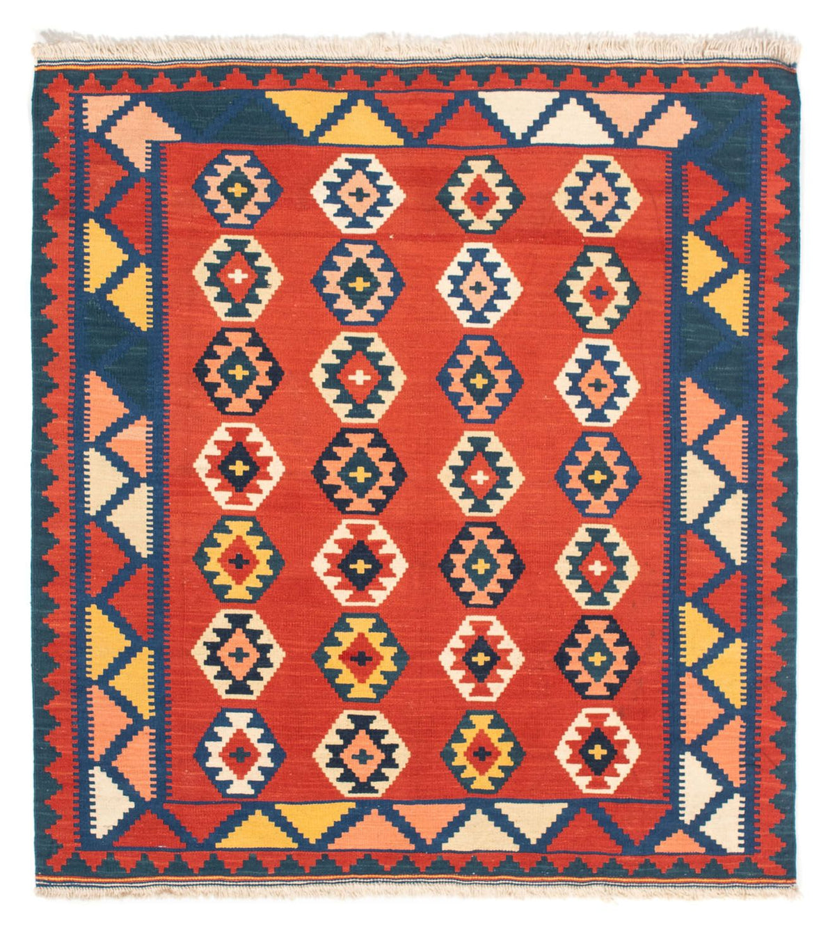 Kelim Carpet - orientalisk matta kvadrat  - 106 x 99 cm - mörkröd