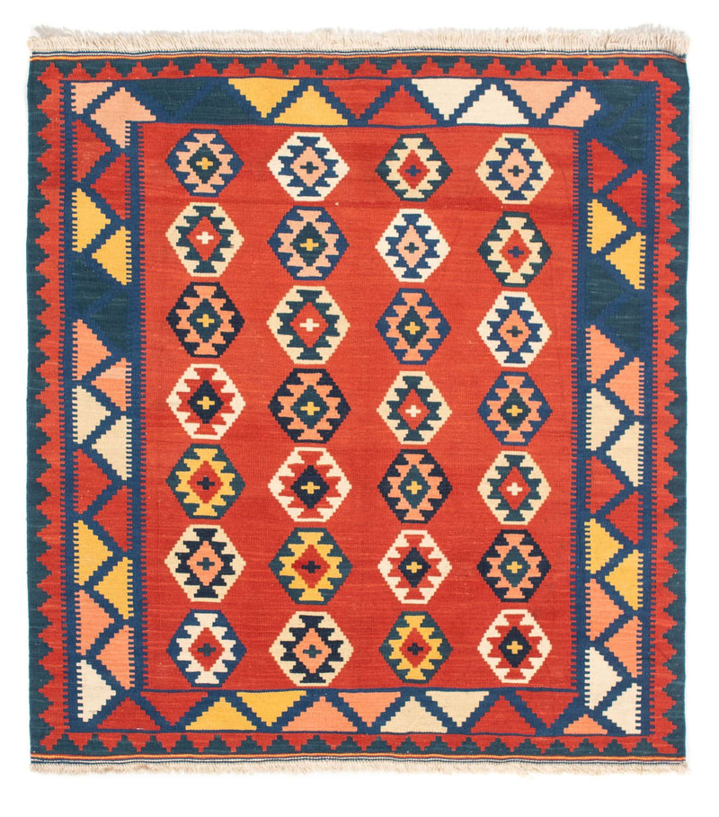 Kelim Carpet - orientalisk matta kvadrat  - 106 x 99 cm - mörkröd
