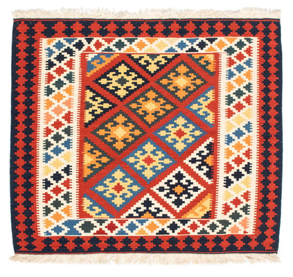 Kelim Carpet - orientalisk matta kvadrat  - 101 x 93 cm - mörkröd