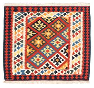 Kelim Carpet - orientalisk matta kvadrat  - 101 x 93 cm - mörkröd