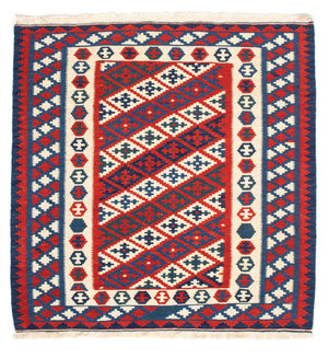 Kelim Carpet - orientalisk matta kvadrat  - 102 x 102 cm - mörkröd