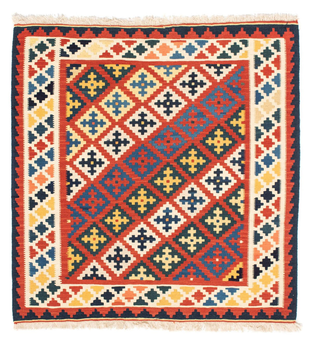 Kelim Carpet - orientalisk matta kvadrat  - 106 x 102 cm - mörkröd