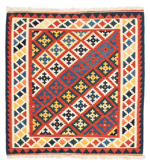 Kelim Carpet - orientalisk matta kvadrat  - 106 x 102 cm - mörkröd