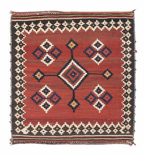 Kelim Carpet - orientalisk matta kvadrat  - 144 x 132 cm - mörkröd